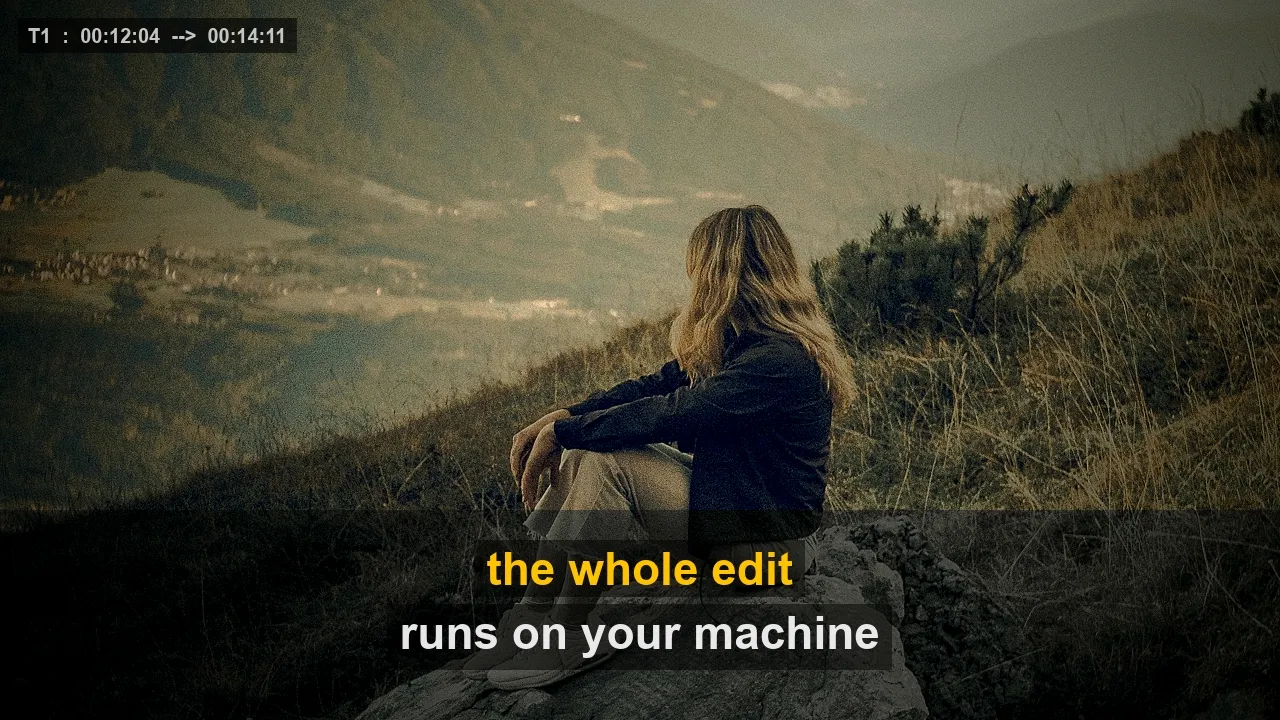 A frame with karaoke-style captions burned in, the spoken words highlighted in gold