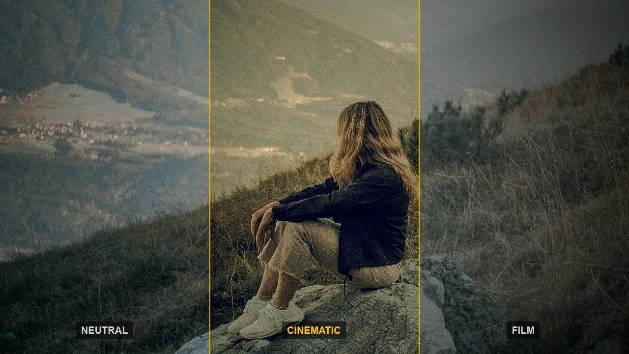 The same frame in three looks side by side: neutral, cinematic and film